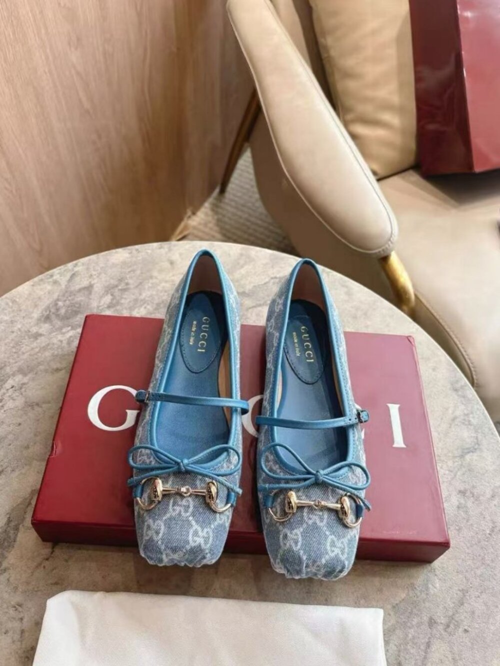 Gucci Blue GG Monogram Horsebit Bow Mary‑Jane Ballet Flats